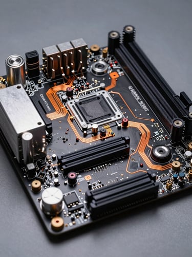 Tight macro shot of a high-end workstation motherboard, cool high-contrast studio lighting with sharp orange ambient accents highlighting copper traces and technical components.