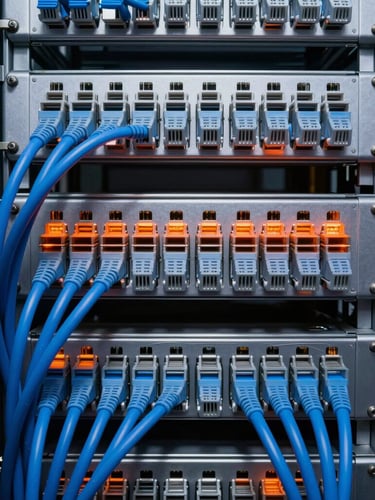 Symmetric macro shot of clean structured cabling inside an enterprise server rack, category 6A blue cables routed with sharp 90-degree angles, illuminated by cool white and hazard orange key lights.