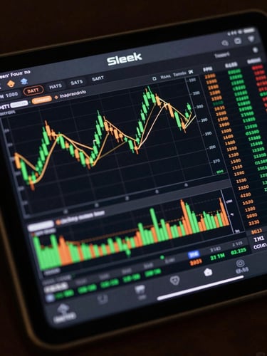 Sleek dark-mode trading terminal mockup on a responsive tablet screen, showing real-time green candlestick charts and gold execution lines, sharp low-key lighting with green edge glows.