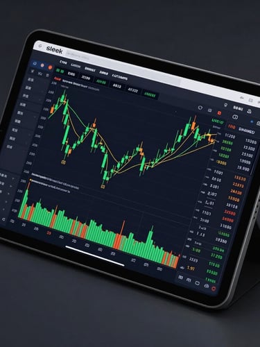 Sleek dark-mode trading terminal mockup on a modern tablet screen, showing high-velocity green candlestick charts and gold execution lines, dark reflective background