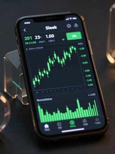 Sleek dark-mode trading terminal interface on a mobile screen, glowing green candlestick charts, abstract 3D glass-morphism background, low-key lighting with subtle gold accents.