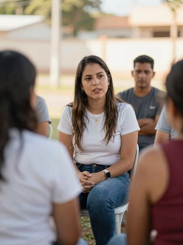 Candid photo of Paulinha Braga talking with community members outdoors, warm late afternoon sun, authentic listening moment, natural light, 35mm lens.