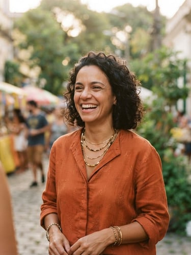 Warm portrait of Paulinha Braga smiling in natural daylight, outdoor community setting, authentic candid moment, soft background blur, 35mm lens