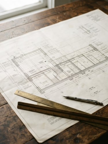 Close-up detail of architectural blueprints laid out on a heavy oak table, soft overcast light from a high window, muted forest and cream tones, 35mm film style.