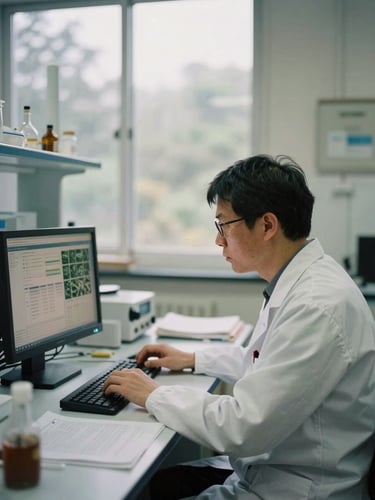A researcher in quiet focus examining environmental data on a screen in a naturally lit laboratory, soft overcast daylight, muted forest and cream tones, 35mm film.