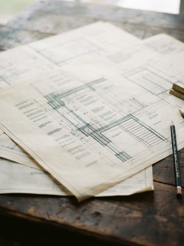 A close-up detail of architectural plans on a dark wooden table, soft overcast daylight, muted forest and cream tones, 35mm film.