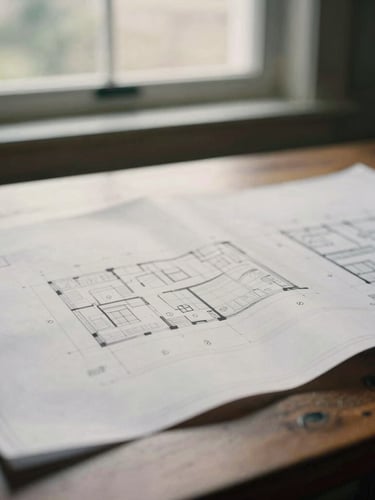A close-up detail of architectural plans laid out on a dark oak table, soft overcast daylight from a high window, muted forest and cream tones, editorial documentary style, 35mm film.