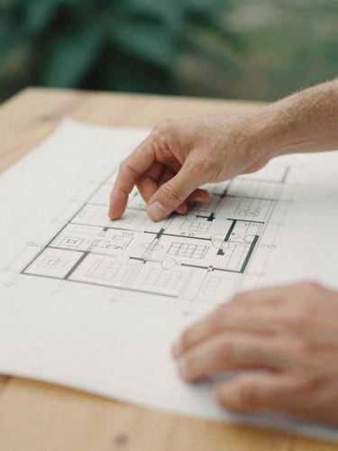 A close-up detail of hands examining architectural blueprints on a wooden table, soft overcast daylight, muted forest and cream tones, 35mm film