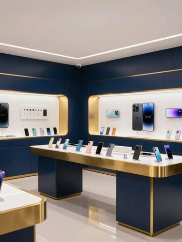Premium modern smartphone showroom interior in Liaqat Bazar Quetta, elegant display cases with gold accents, soft ambient navy lighting, clean architectural lines