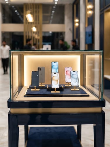 Elegant showroom interior in Liaqat Bazar, Quetta, with a focus on a single modern display case featuring premium smartphones, soft gold lighting, and a clean, spacious layout, captured as a portrait, from a slightly low angle.