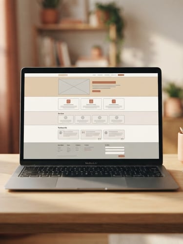 A clean, straight-on shot of a modern laptop on a light oak desk, displaying a high-converting service website wireframe, soft natural window light casting gentle shadows, warm sand and terracotta tones, shallow depth of field