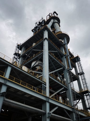 Low-angle heroic shot of massive industrial plant steel framework under high-contrast dramatic overcast sky, showcasing heavy structural connections.