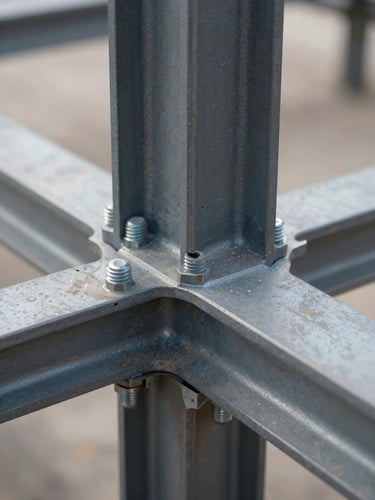 Macro detail of high-strength structural steel connections and heavy bolted joints under natural industrial daylight, emphasizing precision engineering.