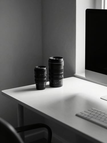Minimalist desk setup with modern hardware, sharp high-contrast natural light and dramatic black-and-white shadows, editorial style