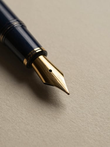 Macro close-up of a high-quality gold fountain pen tip on heavy textured cotton paper, low-key dramatic side-lighting, deep navy and champagne tones, 35mm