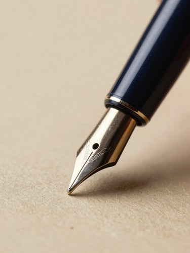 Macro close-up of a high-quality fountain pen tip touching textured archival paper, soft dramatic side-lighting, deep navy and champagne tones, 35mm.