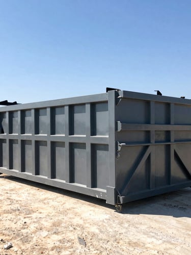 Heroic low-angle shot of a clean, heavy-duty steel roll-off dumpster on an organized Houston jobsite, bright Texas daylight, strong shadows, truck hoist mechanism visible in the background, wide-angle lens.