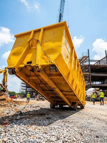 Low-angle heroic shot of a clean, heavy-duty yellow roll-off dumpster on an active Houston jobsite, bright high-contrast Texas daylight, sharp focus, wide-angle lens.