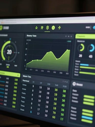 Close-up of a clean UI mockup of a player dashboard on a screen, displaying complex in-game telemetry data, graphs, and stats, with cyber-lime accents, moody screen glow, high contrast, cinematic depth of field.