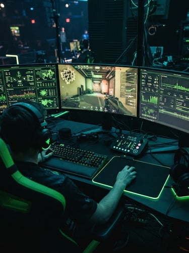 Wide shot of a competitive gamer's dashboard, displaying real-time performance metrics and game telemetry, in a low-light, high-contrast setting with cyber-lime accents and screen glow.