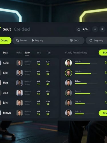 Clean UI mockup of a scout's dashboard, displaying player search filters and detailed performance metrics, with a dark-mode tech aesthetic and sharp cyber-lime accents.