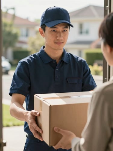 Medium close-up of a professional courier in a neat dark blue uniform handing a secure, clean cardboard box directly to a customer at a bright residential doorstep, soft morning sun, high-end residential background.