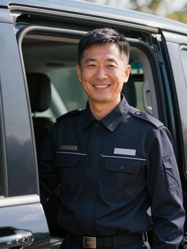 Medium close-up of a professional driver in a neat dark navy uniform smiling warmly, standing by the open door of a clean, polished luxury van under bright morning sunlight
