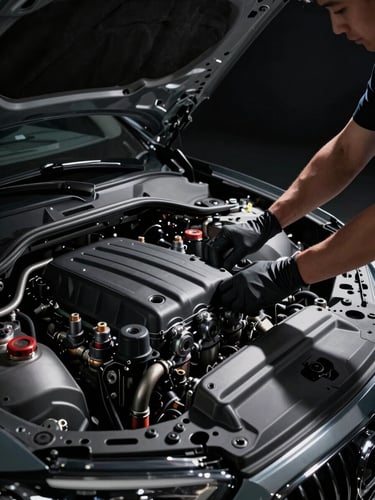 Close-up three-quarter view of a technician's hands in dark gloves presenting an open engine bay of a luxury sedan, workshop studio strobes casting sharp shadows across the engine components, deep black background, no faces visible, cinematic high-contrast automotive photography
