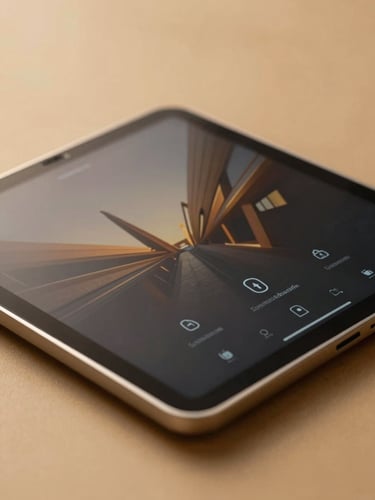 A close-up macro shot of an elegant obsidian-finished tablet displaying a secure digital portal interface, warm golden light catching the metallic edges, professional executive desk setting