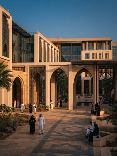 A bright, modern university courtyard in Riyadh, clean architectural shadows, warm golden-hour light reflecting off limestone arches, professional academic setting.