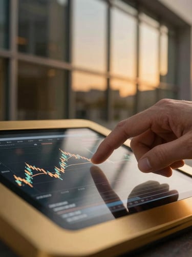 Close-up macro shot of a hand interacting with a sleek, gold-accented secure digital interface displaying financial charts, warm golden hour lighting reflecting off dark glass, professional corporate setting