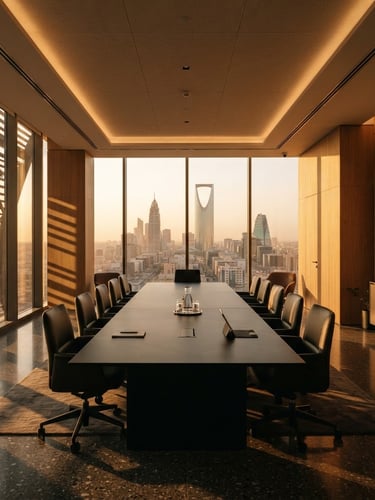 A high-end modern corporate boardroom in Riyadh, dramatic golden-hour sunlight casting long architectural shadows through floor-to-ceiling windows, minimal obsidian table.
