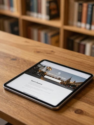 Close-up of a modern tablet displaying a secure digital portal, resting on a heavy oak library table, soft warm interior lighting, focused macro shot.
