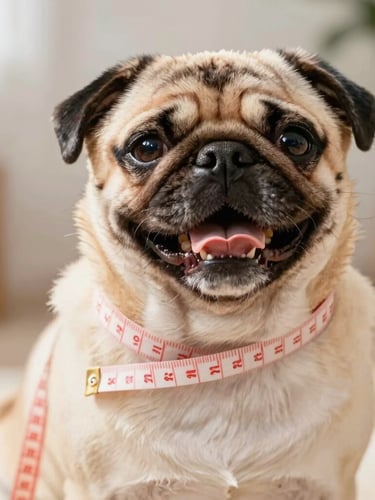 Close-up of a tailor's measuring tape gently wrapped around a happy pug's chest, bright natural daylight, warm editorial pet photography, shallow depth of field