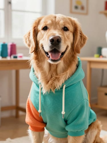Warm daylight photo of a happy golden retriever wearing a colorful handcrafted teal hoodie, sitting comfortably in a bright home workshop with sewing materials blurred in the background, 35mm lens.