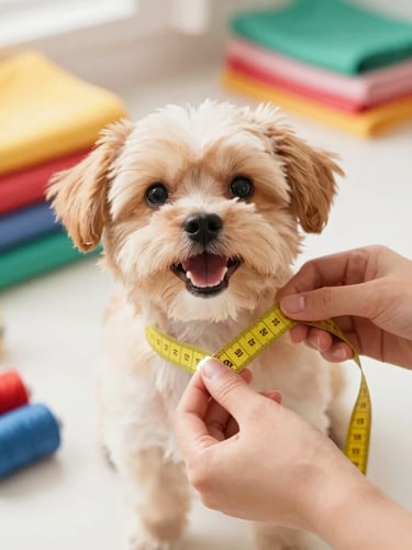 Close-up of hands carefully measuring a happy small dog with a yellow measuring tape in a bright, warm sewing workshop, colorful fabrics in the background, soft daylight.