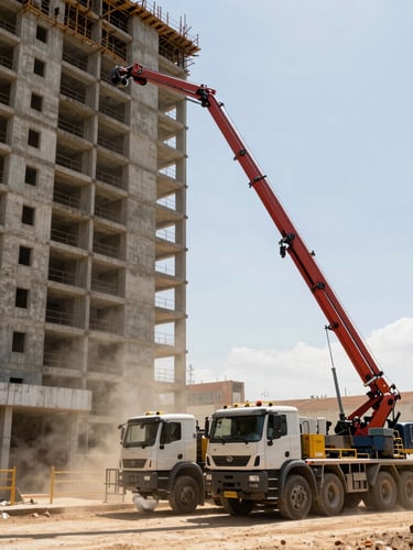 Wide environmental shot of a heavy concrete pump truck extending its long boom over a high-rise building under construction in Águas Claras, harsh midday sun, dust in the air, high contrast.