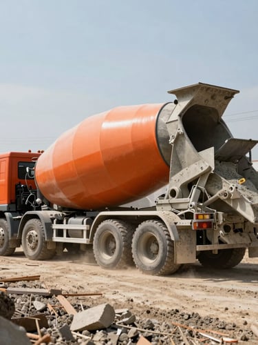 Wide shot of a heavy-duty orange concrete mixer truck discharging ready-mix concrete on an active construction site in Taguatinga, harsh daylight, dust in the air.