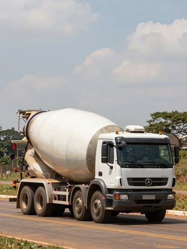 A heavy concrete mixer truck navigating a wide avenue in Brasília, structural concrete chute visible, harsh natural daylight, portrait framing.