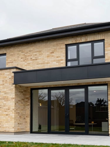 Premium architectural photography of a completed modern house extension in Rochdale, clean brickwork, large glass doors, overcast North West daylight, 35mm lens