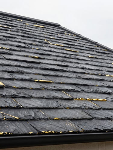 Close-up architectural shot of flawless slate roofing work on a modern extension, crisp overcast daylight, sharp detail on the hand-cut ridge tiles.