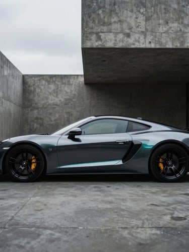 Dramatic side profile of a dark metallic sports car parked next to minimalist concrete architecture, overcast daylight highlighting clean body lines.