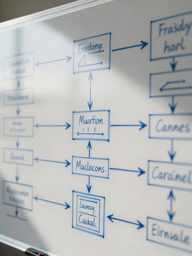 Extreme close-up of a technical planning whiteboard with complex operational flowcharts and structural diagrams drawn in blue ink, natural high-contrast side-lighting.