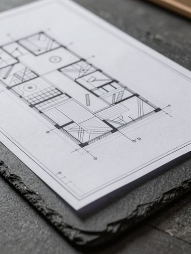 Extreme close-up of a physical architectural planning blueprint on a textured dark slate table, sharp side-lighting, technical pencil lines and measurements visible, structural precision.