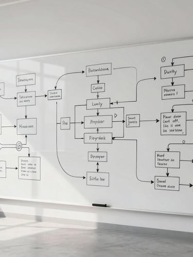 Wide environmental shot of a clean, minimalist design studio, a large floor-to-ceiling whiteboard filled with complex hand-drawn operational flowcharts and bottleneck maps, natural side-lighting from a large window.