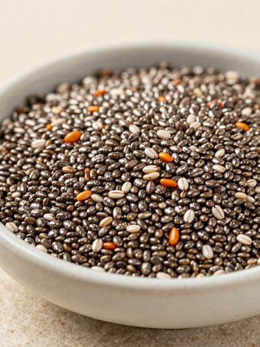 Close-up shot of organic chia seeds layered elegantly in a ceramic bowl on a soft beige stone background, diffused morning daylight, macro lens.