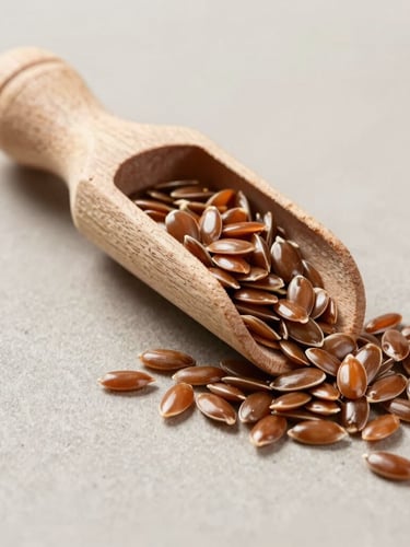 A minimalist portrait of clean, raw flax seeds cascading from a rustic wooden scoop onto a neutral textured surface, soft side lighting, rich earth tones, macro lens.