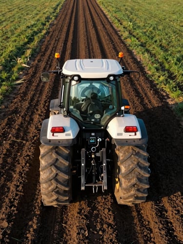 Close-up of a modern tractor wheel with GPS receiver, driving precisely along a designated track in dark loam soil.