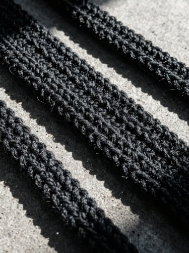 Extreme macro crop of thick charcoal crochet loops, highlighting the heavy yarn texture and high-contrast stitch patterns under harsh direct sunlight, 35mm film grain.