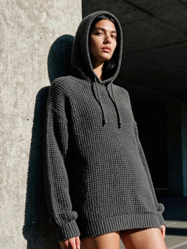 Low-angle heroic shot of a model in an oversized charcoal crochet hoodie leaning against a raw concrete pillar, high-contrast direct sunlight, deep shadows, 35mm film grain.